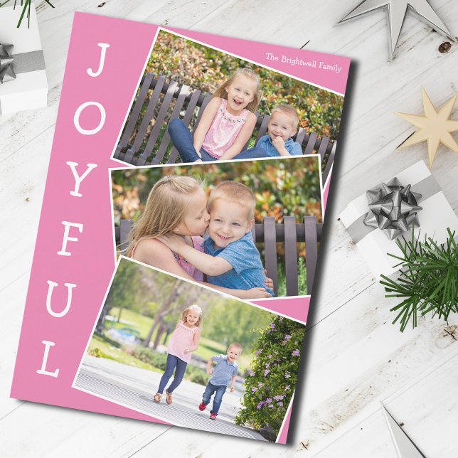 Joyful Pink 3 Kids Photo Collage Cute Christmas Holiday Card (Creator Uploaded)