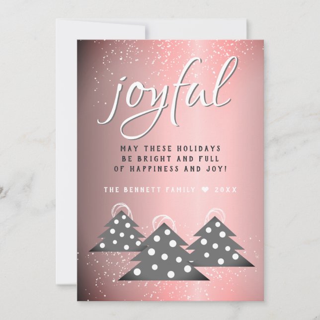 Joyful Pink Metallic Script Christmas Tree Family Holiday Card (Front)