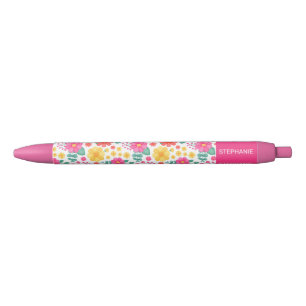 Joyful Pink Orange Yellow Floral Personalised Name Black Ink Pen