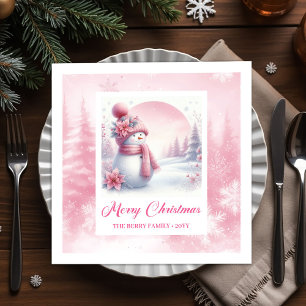 Joyful Pink Snowman Winter Forest Christmas Napkin