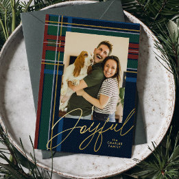 Joyful plaid Christmas photo Foil Holiday Card