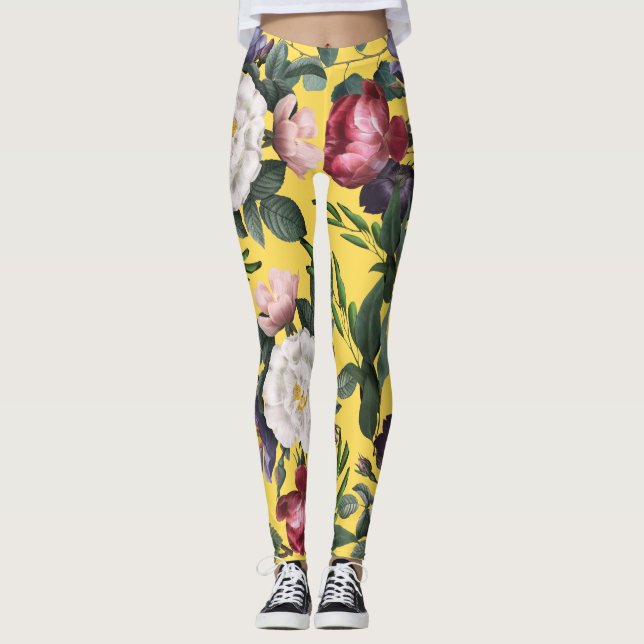 Joyful pretty summer flowers boho yellow bright  leggings (Front)