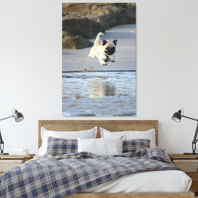 Joyful Pug Leaping by the Ocean Canvas Print (Insitu(Bedroom))