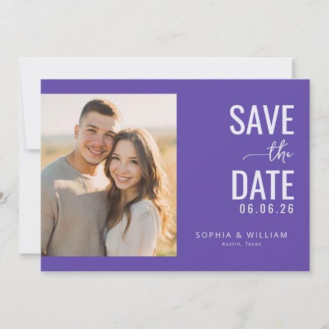 Joyful Purple Minimalist Photo Save The Date (Front)