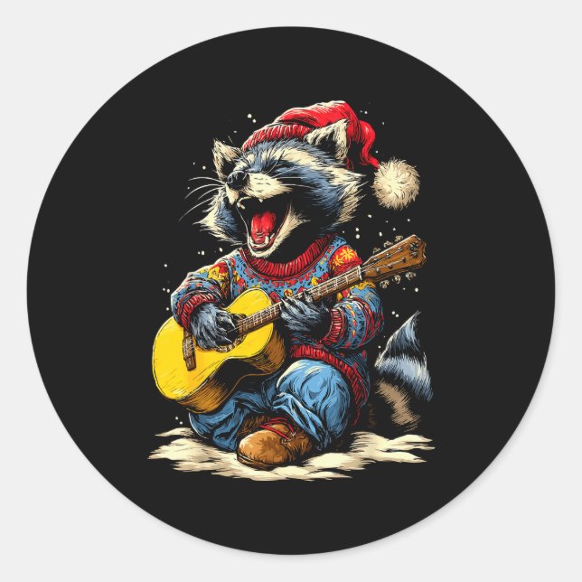 Joyful Raccoon Playing Guitar Animal Guitarist Chr Classic Round Sticker (Front)