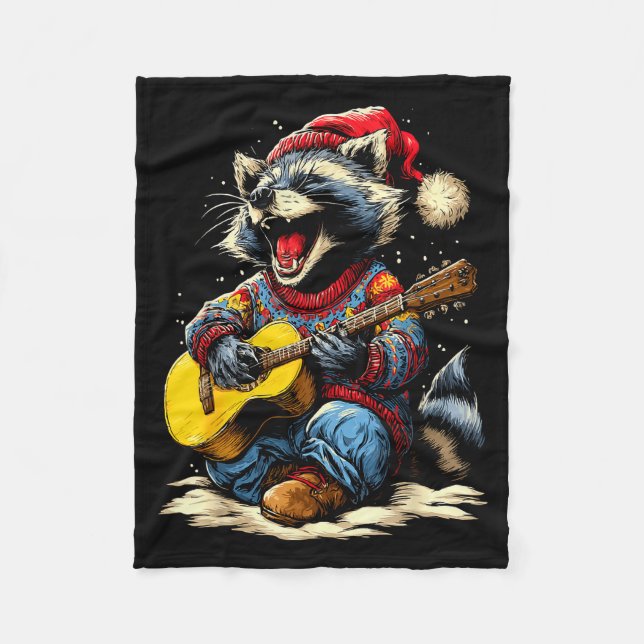 Joyful Raccoon Playing Guitar Animal Guitarist Chr Fleece Blanket (Front)