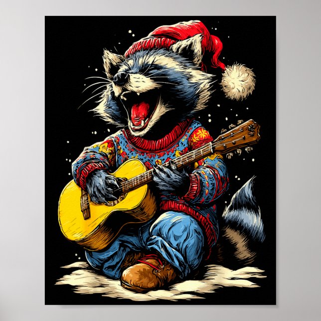 Joyful Raccoon Playing Guitar Animal Guitarist Chr Poster (Front)