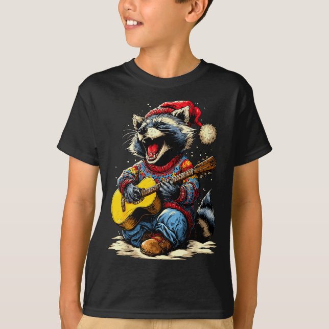 Joyful Raccoon Playing Guitar Animal Guitarist Chr T-Shirt (Front)