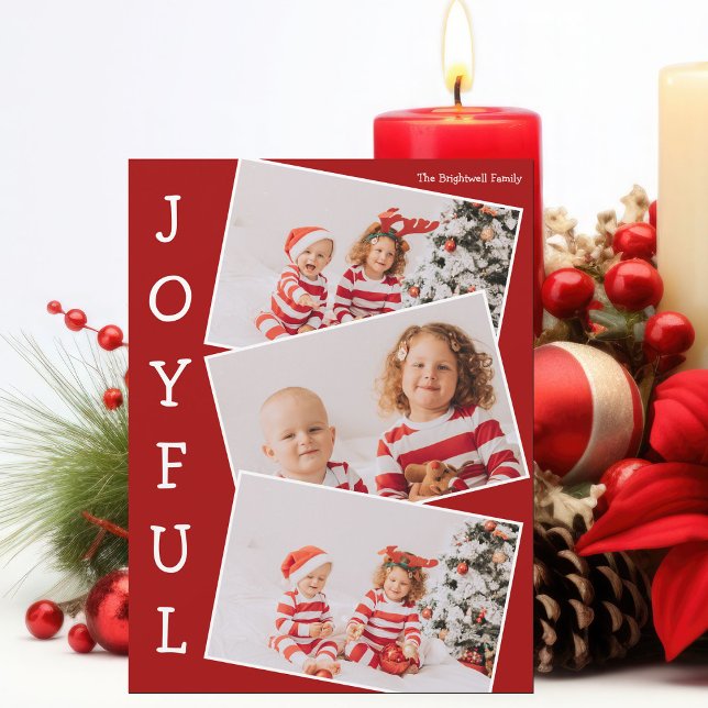 Joyful Red 3 Family Photo Christmas Magnet Card (Creator Uploaded)