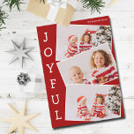 Joyful Red 3 Family Photo Collage Modern Christmas Holiday Card<br><div class="desc">Modern red Christmas photo collage card with 3 kids photographs in a fun overlapping snapshot pattern with white border and the word Joyful written vertically down the side. Find your three favourite pictures for this cute family holiday card.</div>