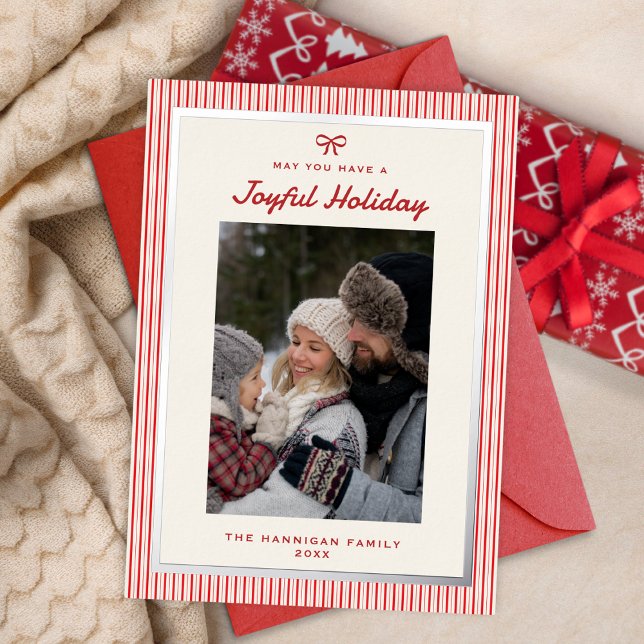 Joyful Red Bow One Family Photo Foil Holiday Card (Creator Uploaded)