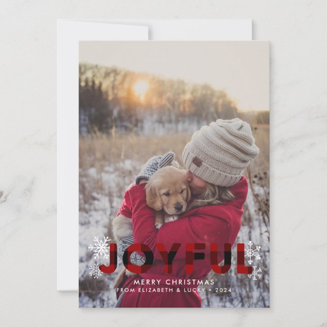 Joyful Red Buffalo Plaid Photo Christmas Card (Front)