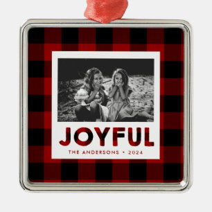 Joyful Red Buffalo Plaid Photo Christmas Ornament