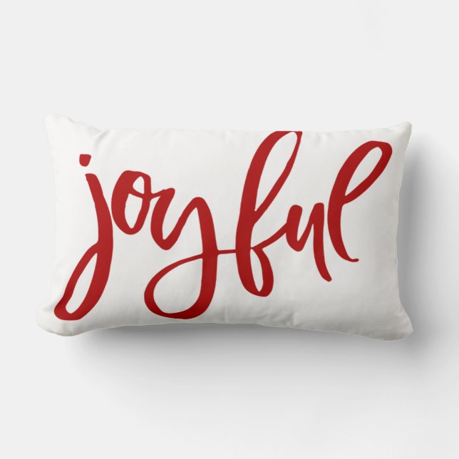 Joyful Red Calligraphy on White Holiday Stars Lumbar Cushion (Front)