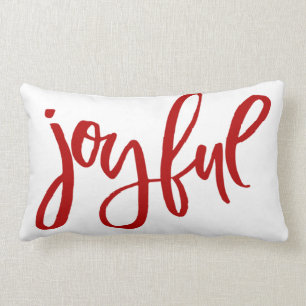 Joyful Red Calligraphy on White Holiday Stars Lumbar Cushion
