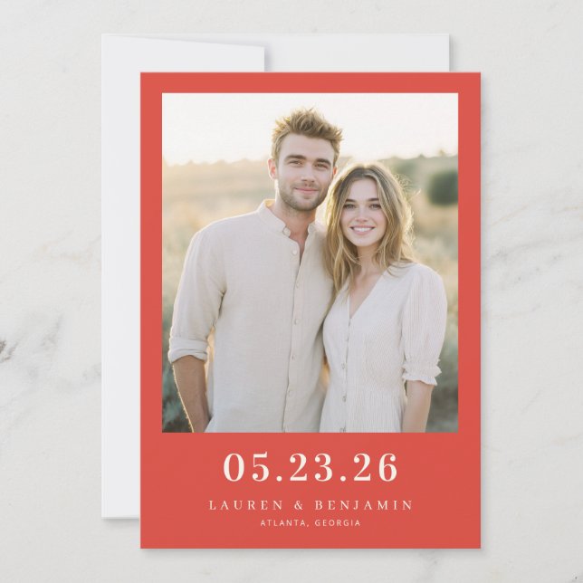 Joyful Red Classic Photo Save The Date (Front)