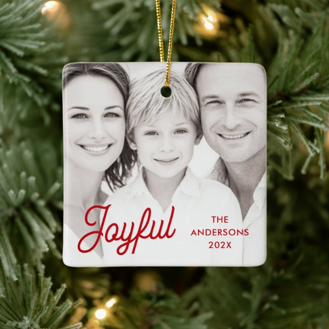 Joyful red festive retro font name year photo ceramic ornament (Tree)