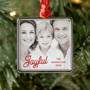 Joyful red festive retro font name year photo metal tree decoration