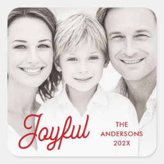 Joyful red festive retro font name year photo square sticker