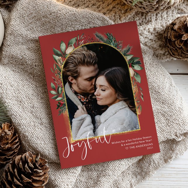 JOYFUL Red Greenery Gold Arch & Snow Overlay Photo Holiday Card (Creator Uploaded)