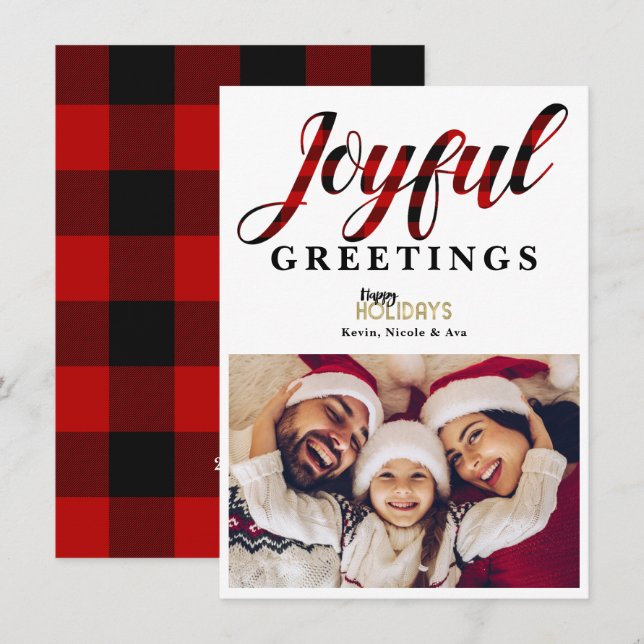 JOYFUL Red Plaid Holiday Greetings Photo Card (Front/Back)