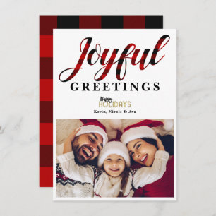 JOYFUL Red Plaid Holiday Greetings Photo Card