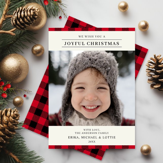 Joyful Red Plaid Merry Christmas Family Picture Holiday Card (Creator Uploaded)