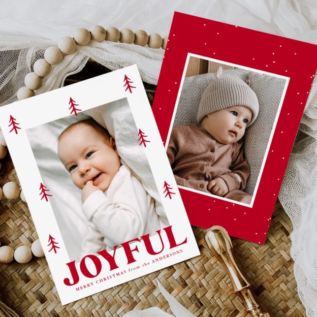 Joyful Red Trees 2 Photo Holiday Card (Creator Uploaded)