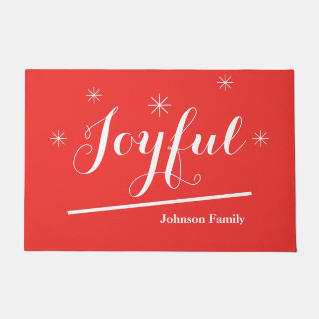 "Joyful" Red & White Personalised Name Happy Fun Doormat (Front)
