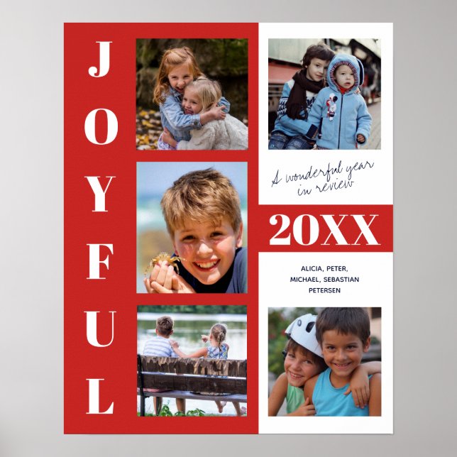JOYFUL Red Year in Review 5 Photo Collage Family Poster (Front)