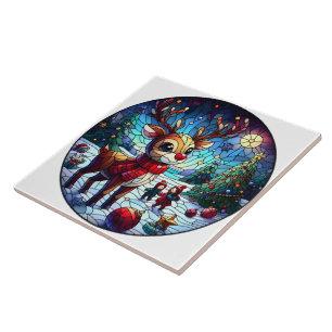 Joyful reindeer in winter wonderland with friends tile