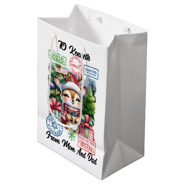 Joyful Reindeer With Holiday Gifts Medium Gift Bag (Front Angled)