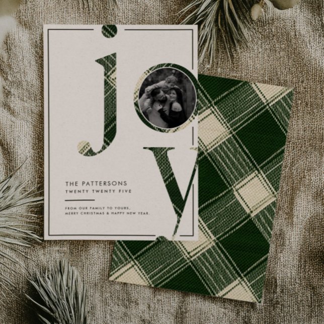 Joyful Rustic Green Gingham Family Photo Christmas Holiday Card (Creator Uploaded)