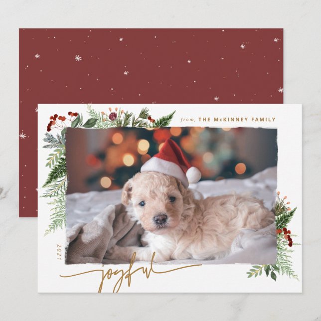 JOYFUL Rustic Greenery Gold Dry Brush Effect Photo Holiday Card (Front/Back)