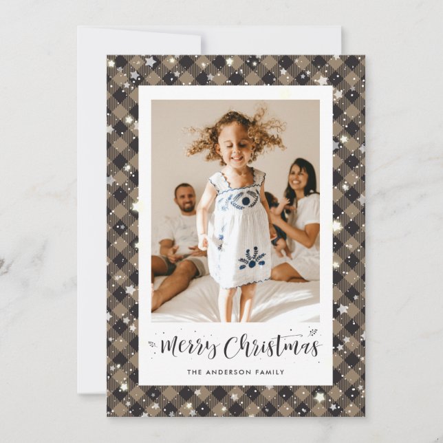 Joyful Rustic Plaid Photo Merry Christmas Holiday Card (Front)