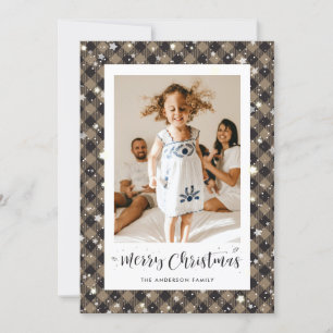 Joyful Rustic Plaid Photo Merry Christmas Holiday Card