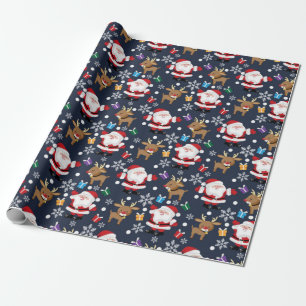 Joyful Santa And Reindeer Pattern Wrapping Paper