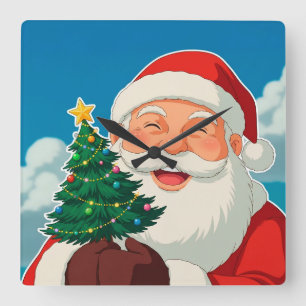Joyful Santa Claus Holding a Small Christmas Tree Square Wall Clock