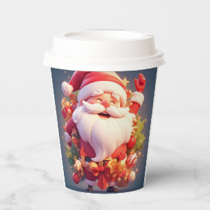 Joyful Santa Claus Surrounded by Festive Christmas Paper Cups