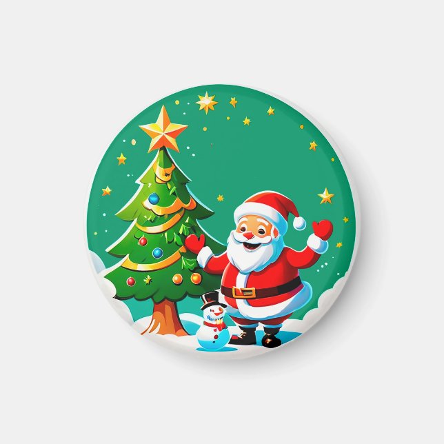Joyful Santa Claus With Snowman Magnet (Front)