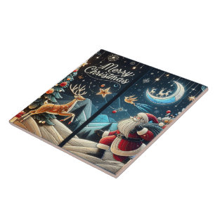 Joyful Santa on snowy Christmas Eve Tile