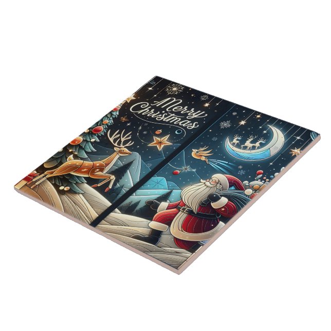 Joyful Santa on snowy Christmas Eve Tile (Side)