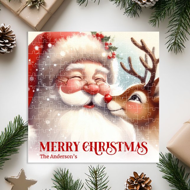 Joyful Santa Rudolph Personalized Christmas Kids  Jigsaw Puzzle (Joyful Santa Rudolph Personalized Christmas Kids Holiday Puzzle

)