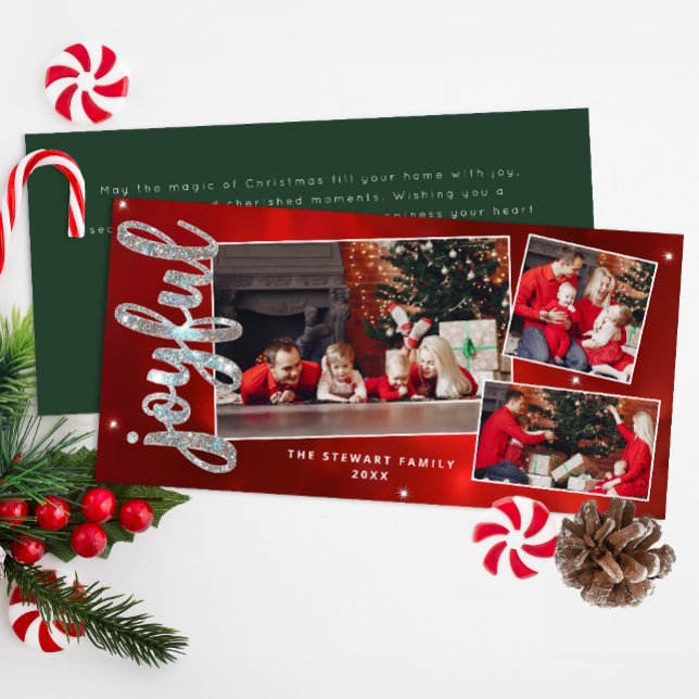 Joyful Script 3 Photo Collage Christmas Holiday (Joyful Red & Green Christmas Card)