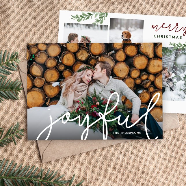 Joyful Script and Branches 5 Photo Flat Holiday Card (Creator Uploaded)