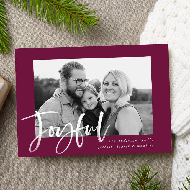 Joyful Script Berry Purple Photo Holiday Card (Creator Uploaded)