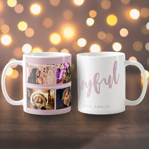 Joyful Script Blush Pink 4 Photo Collage Keepsake Coffee Mug