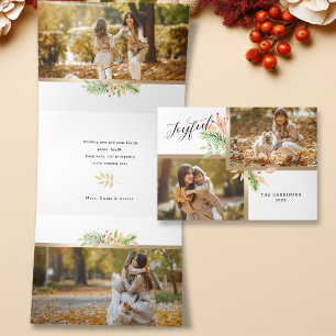 Joyful Script Botanical 2-Photo w/Gold Frame Tri-Fold Holiday Card