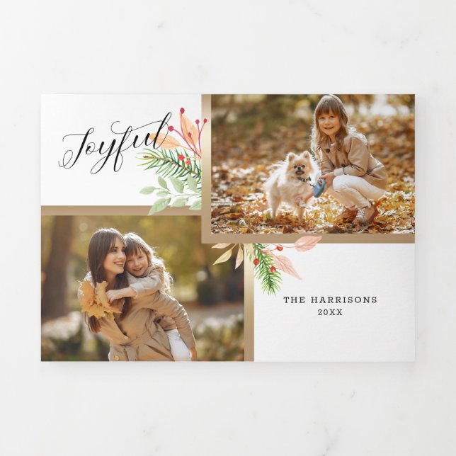 Joyful Script Botanical 2-Photo w/Gold Frame Tri-Fold Holiday Card (Cover)