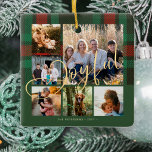 Joyful script family photo collage plaid Christmas Ceramic Ornament<br><div class="desc">Elegant stylish red forest green plaid tartan with faux gold joyful script keepsake tree ornament personalised with six family photos and name.</div>